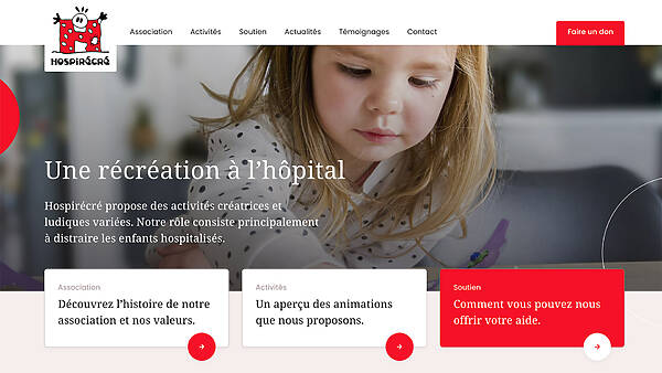 Hospirécré - Conception web solidaire pour Hospirécré, une association suisse dédiée à égayer le quotidien des jeunes patients hospitalisés.