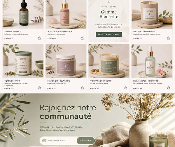 Création d’e-commerce boutique en ligne suisse de produits cosmétiques de bien-être vitamines compléments soins de la peau du visage et du corps